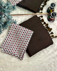 Premium Handloom Cotton Saree - Earthy brown saree with white printed blouse - Cotton Dori