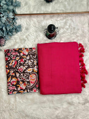 Premium Handloom Cotton Saree - Cherry red saree with black printed blouse - Cotton Dori
