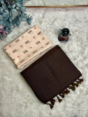 Premium Handloom Cotton Saree - Coffee brown saree with cream blouse - Cotton Dori