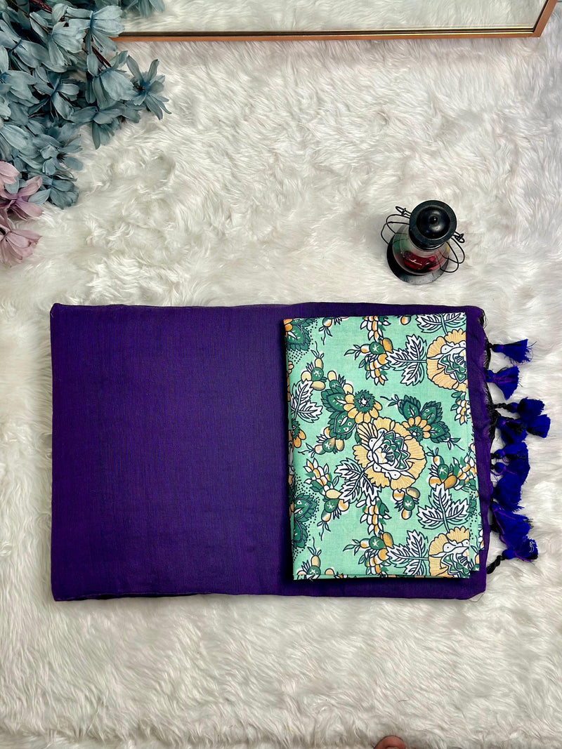 Premium Handloom Cotton Saree - Dark purple saree with mint flower printed blouse - Cotton Dori