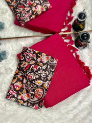 Premium Handloom Cotton Saree - Cherry red saree with black printed blouse - Cotton Dori