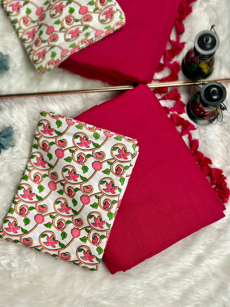 Premium Handloom Cotton Saree - Cotton Red saree with white flower printed blouse - Cotton Dori