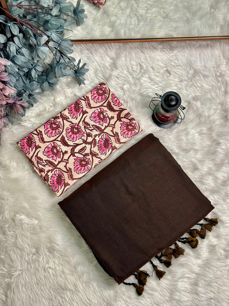Premium Handloom Cotton Saree - Mocha brown saree with brown flower printed blouse - Cotton Dori