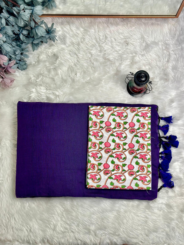 Premium Handloom Cotton Saree - Classy purple saree with Embellished White printed blouse - Cotton Dori