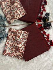 Premium Handloom Cotton Saree - Cherry wine saree with cream flower printed blouse - Cotton Dori
