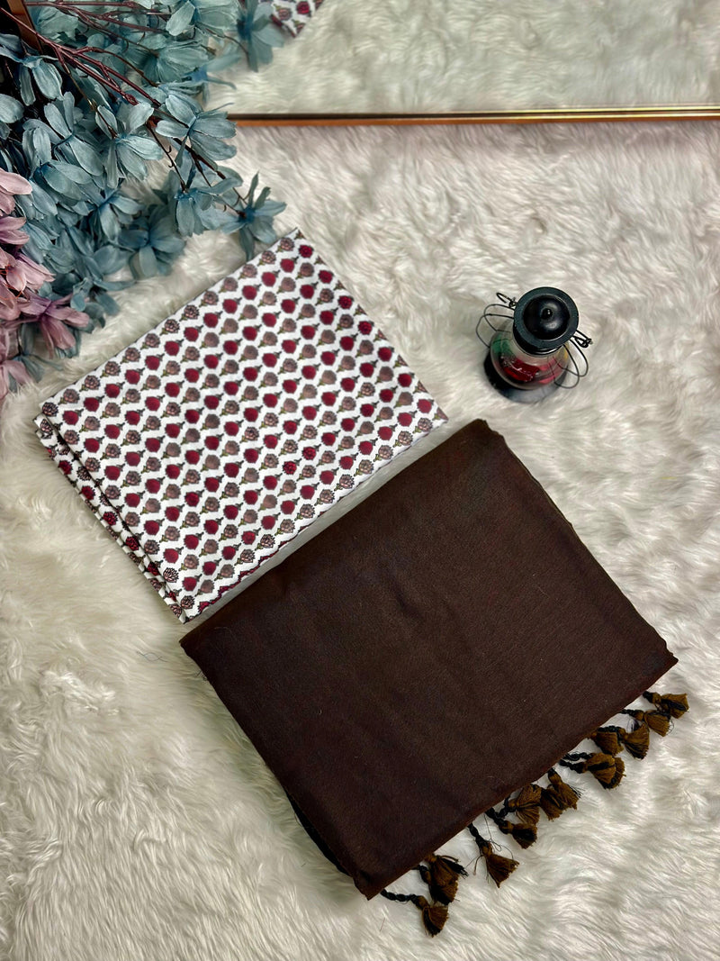 Premium Handloom Cotton Saree - Earthy brown saree with white printed blouse