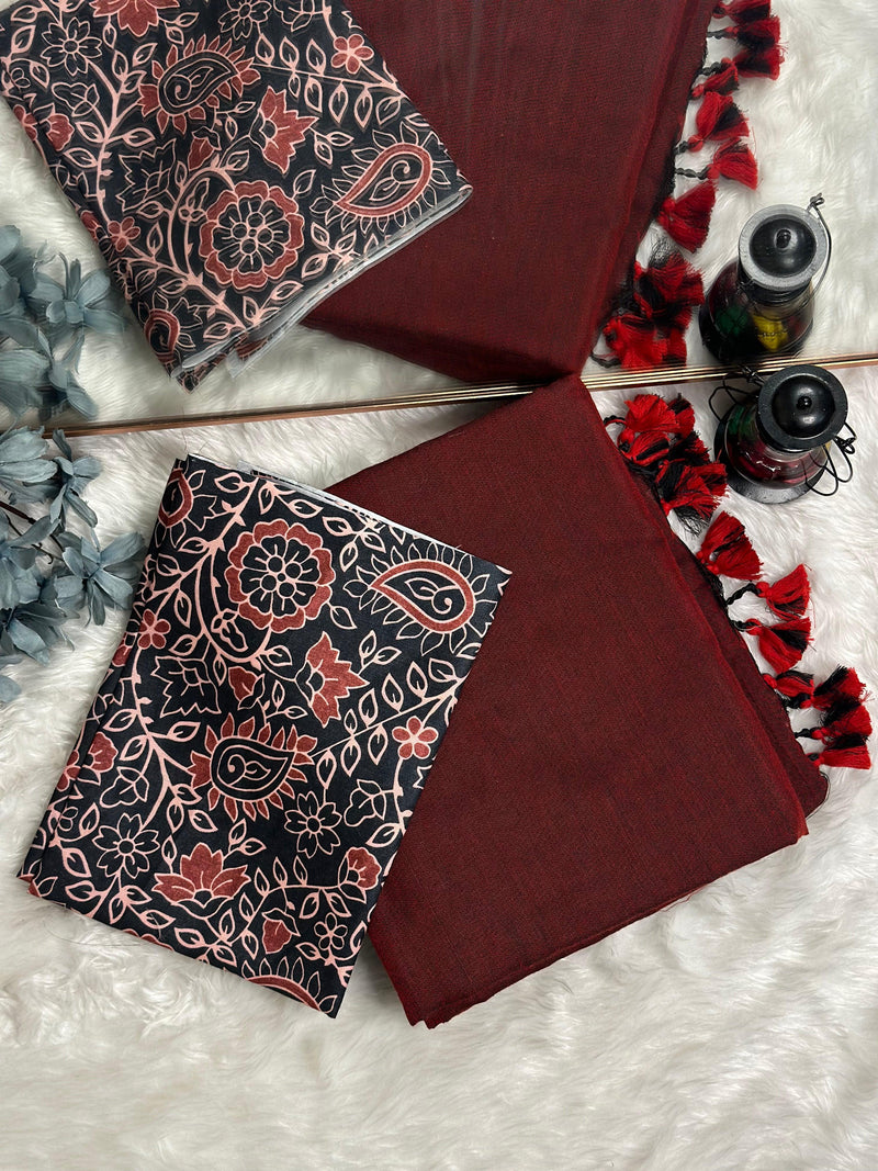 Premium Handloom Cotton Saree - Royal Maroon saree with black flower printed blouse - Cotton Dori