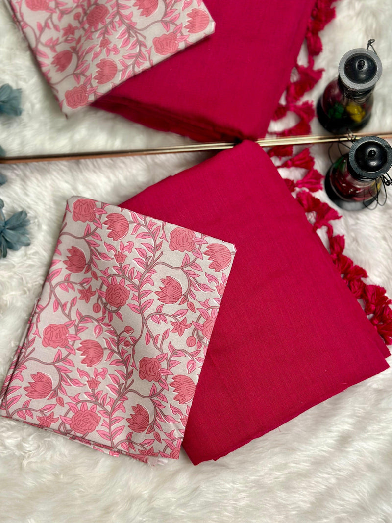 Premium Handloom Cotton Saree - Mahi Red  saree with grey flower printed blouse