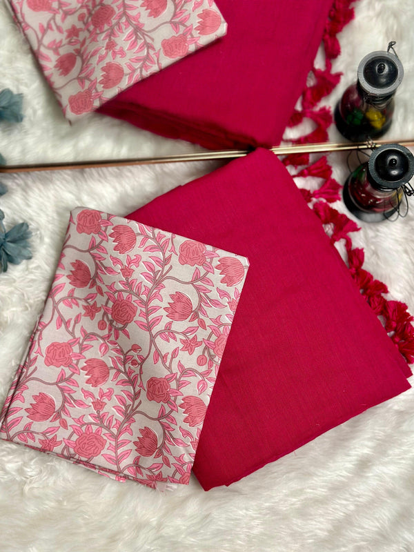 Premium Handloom Cotton Saree - Mahi Red saree with grey flower printed blouse - Cotton Dori