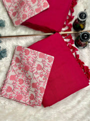 Premium Handloom Cotton Saree - Mahi Red saree with grey flower printed blouse - Cotton Dori