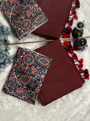 Premium Handloom Cotton Saree - Royal Maroon saree with black flower printed blouse - Cotton Dori
