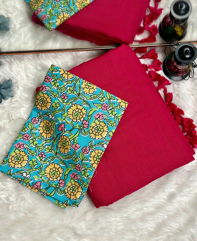 Premium Handloom Cotton Saree - Traditional red saree with baby blue flower printed blouse - Cotton Dori