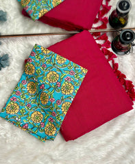 Premium Handloom Cotton Saree - Traditional red saree with baby blue flower printed blouse - Cotton Dori