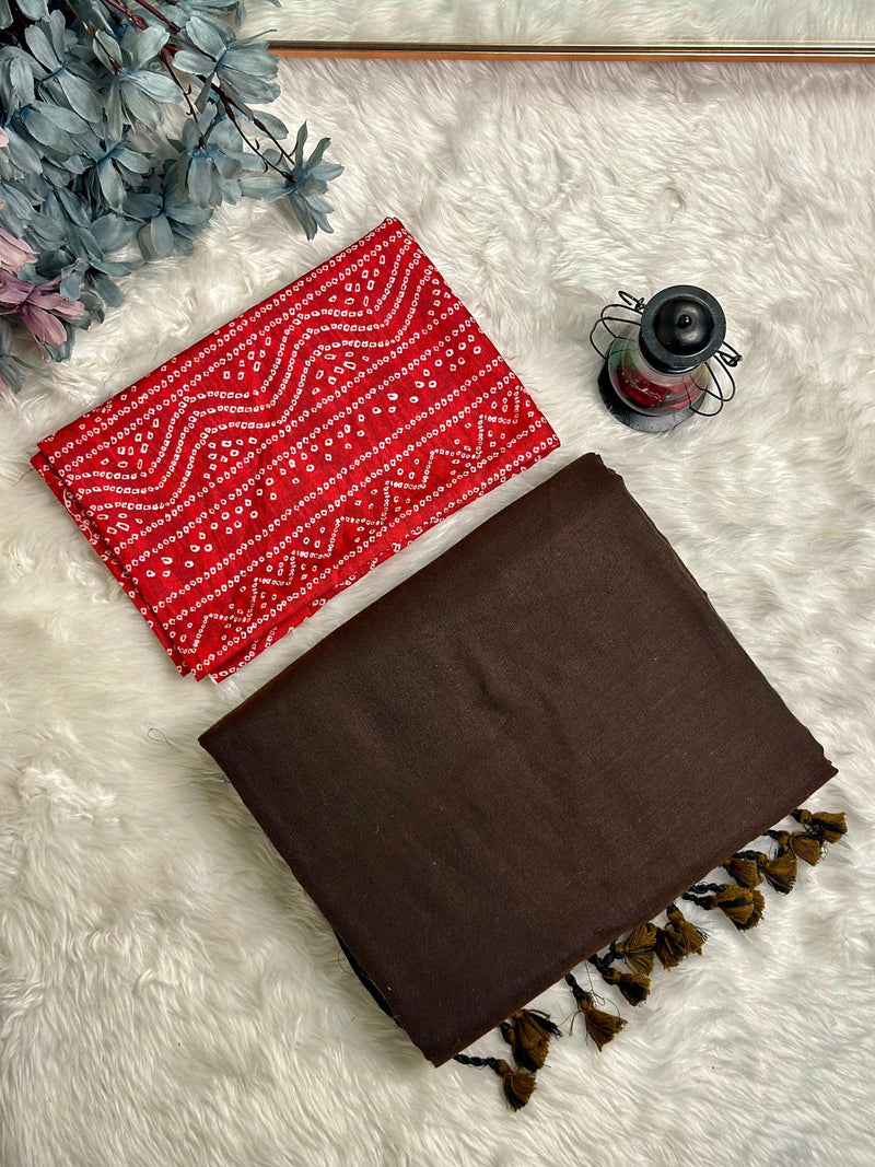 Premium Handloom Cotton Saree - brown saree with strawberry red blouse