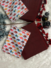 Premium Handloom Cotton Saree - Maroon saree with white elephant printed blouse - Cotton Dori