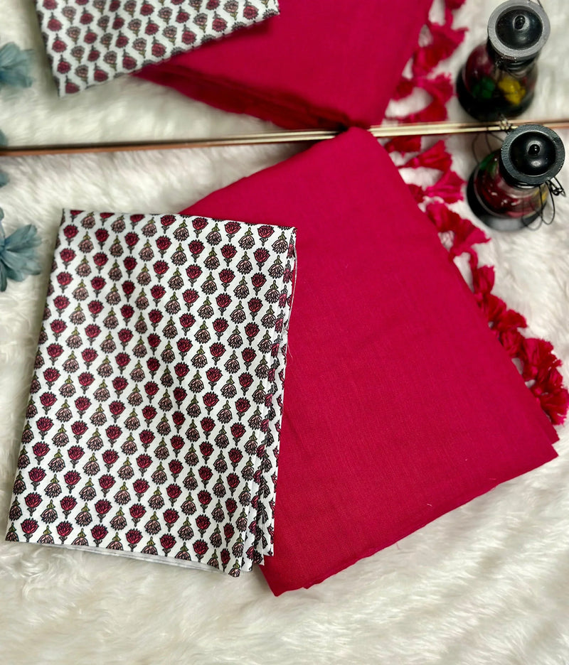 Crimson  Red Saree with  White Printed BlousePremium Handloom Cotton Saree -