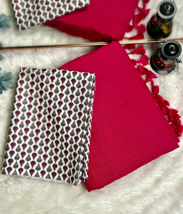 Crimson Red Saree with White Printed BlousePremium Handloom Cotton Saree - - Cotton Dori