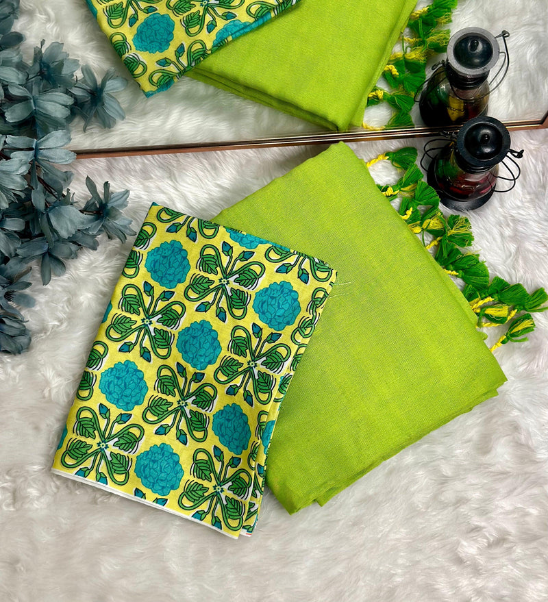 Premium Handloom Cotton Saree - Parrot green saree with yellow printed blouse - Cotton Dori