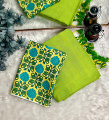 Premium Handloom Cotton Saree - Parrot green saree with yellow printed blouse - Cotton Dori