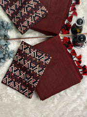 Premium Handloom Cotton Saree - Maroon handloom saree with black printed blouse - Cotton Dori