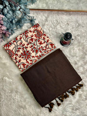 Premium Handloom Cotton Saree - Espresso brown with red flower printed blouse - Cotton Dori