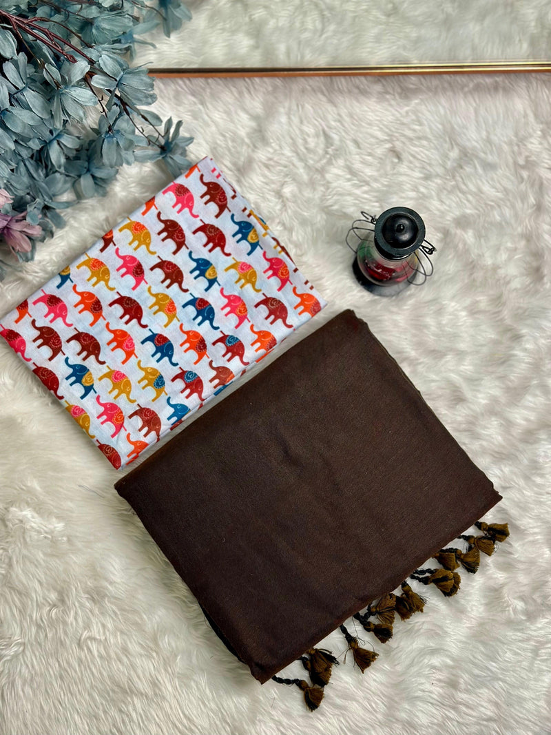 Premium Handloom Cotton Saree - Rich brown saree with elephant printed blouse