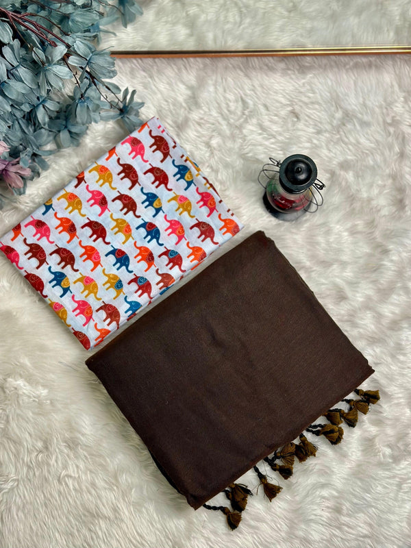 Premium Handloom Cotton Saree - Rich brown saree with elephant printed blouse - Cotton Dori