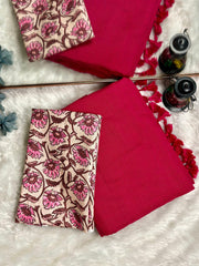 Premium Handloom Cotton Saree - Ruby red saree with cream floral printed blouse - Cotton Dori