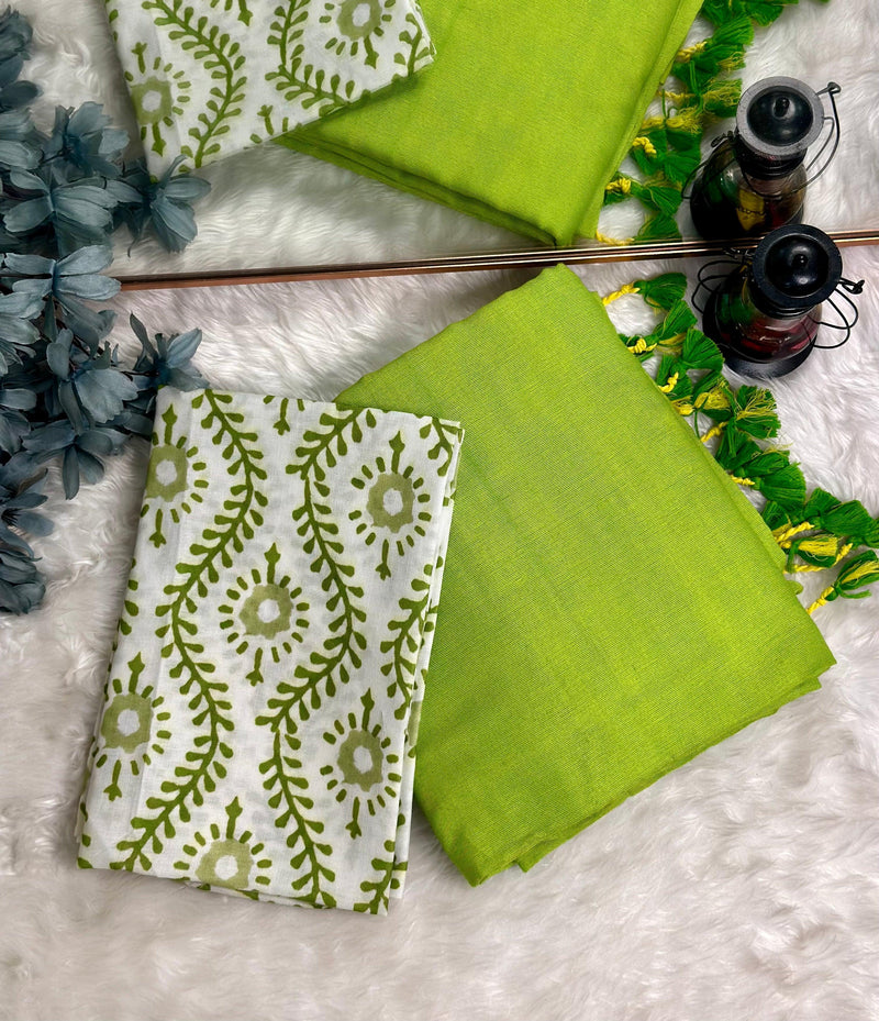 Premium Handloom Cotton Saree - Royal apple green saree with white floral blouse - Cotton Dori