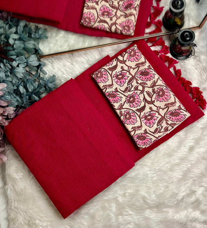 Premium Handloom Cotton Saree - Ruby red saree with cream floral printed blouse