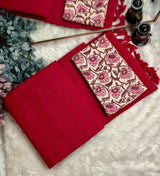 Premium Handloom Cotton Saree - Ruby red saree with cream floral printed blouse - Cotton Dori