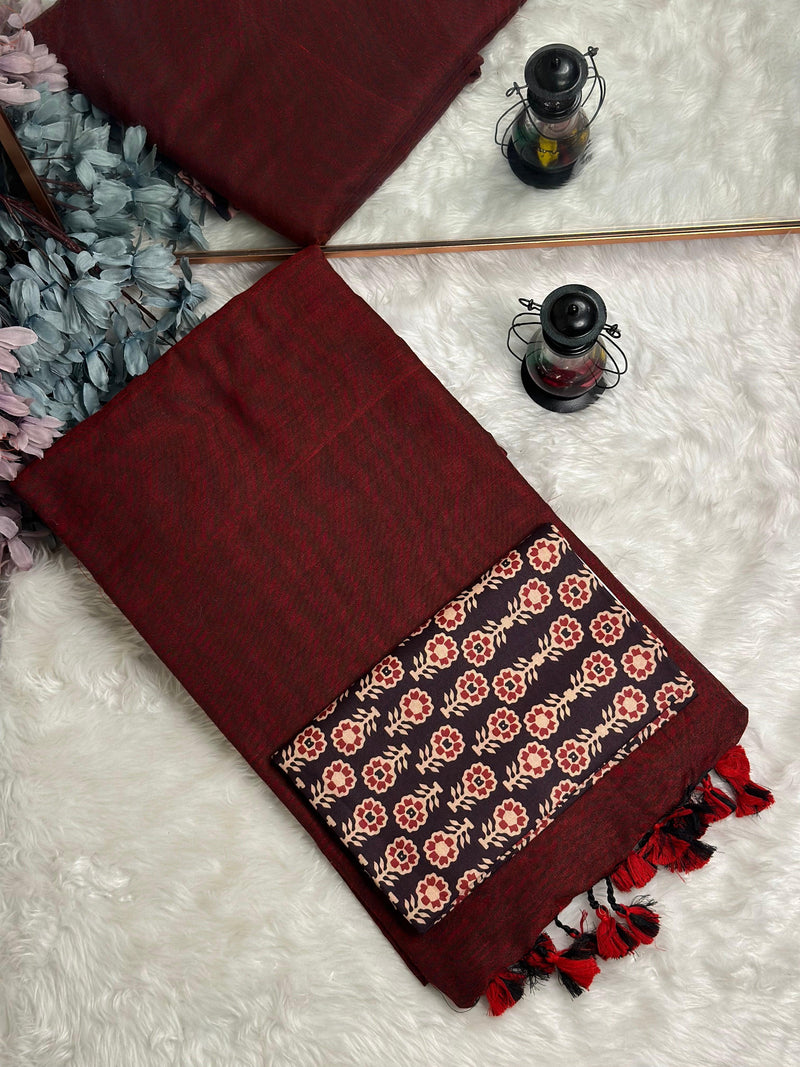 Premium Handloom Cotton Saree - South Indian maroon saree with brown printed blouse
