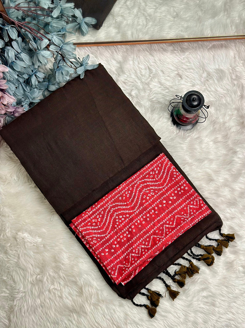 Premium Handloom Cotton Saree - brown saree with strawberry red blouse - Cotton Dori
