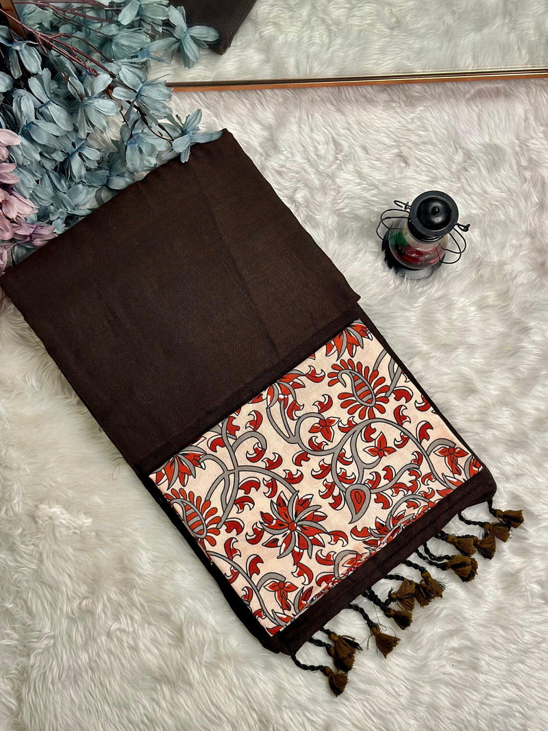 Premium Handloom Cotton Saree - Espresso brown with red flower printed blouse
