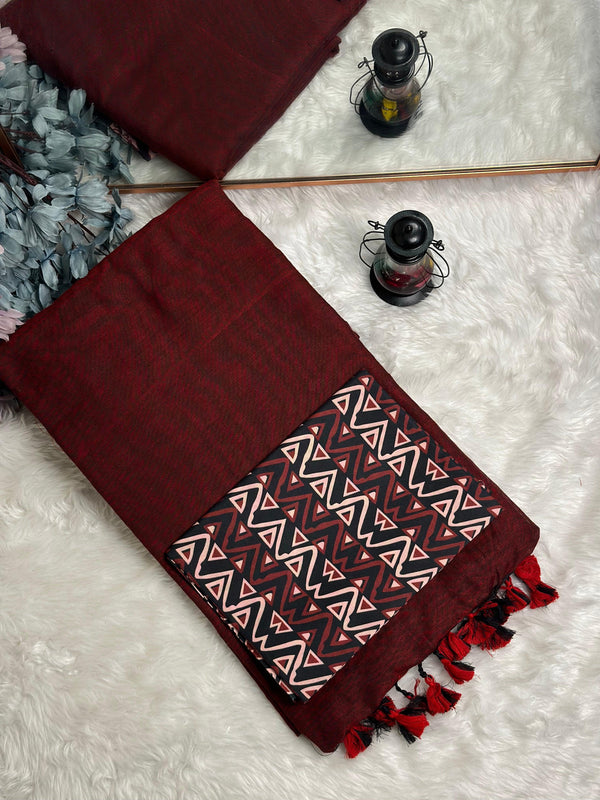 Premium Handloom Cotton Saree - Maroon handloom saree with black printed blouse - Cotton Dori