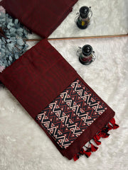 Premium Handloom Cotton Saree - Maroon handloom saree with black printed blouse - Cotton Dori