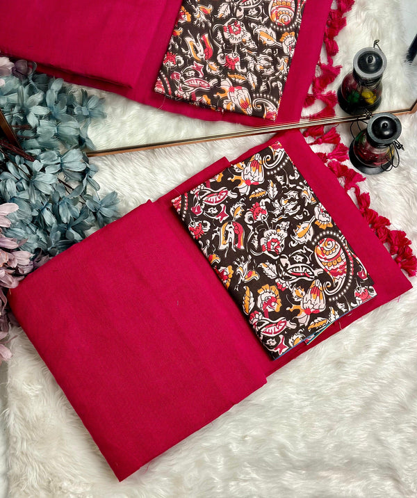 Premium Handloom Cotton Saree - Cherry red saree with black printed blouse - Cotton Dori