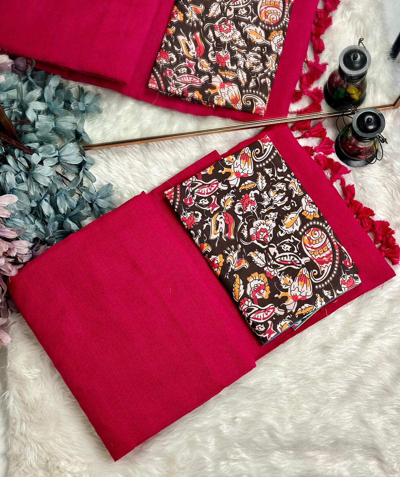 Premium Handloom Cotton Saree - Cherry red saree with black printed blouse - Cotton Dori