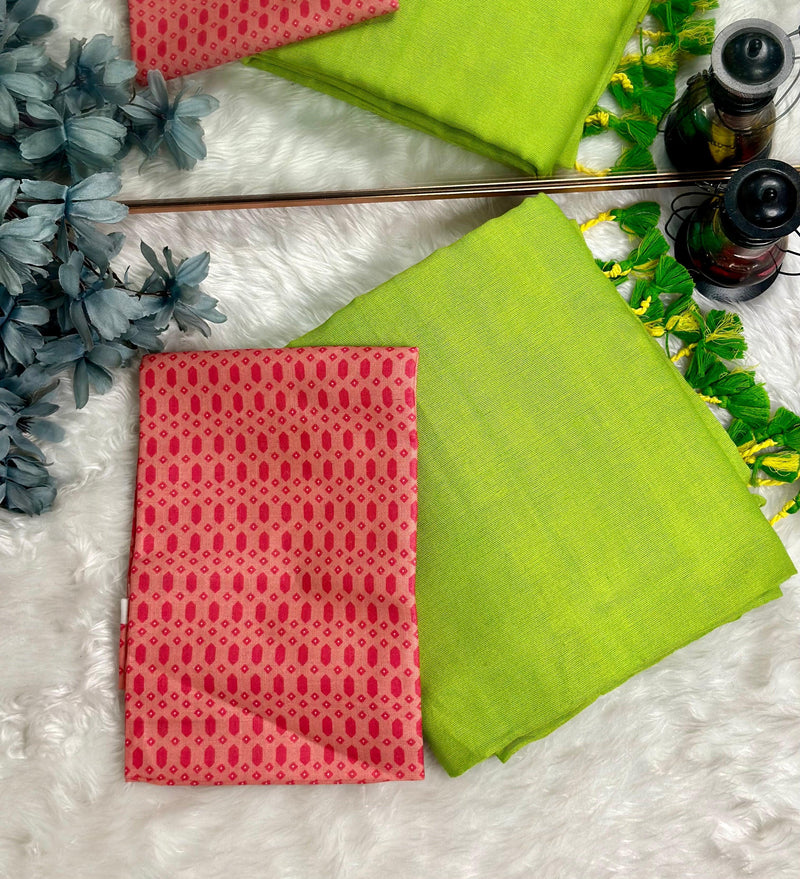 Premium Handloom Cotton Saree - Parrot green saree with ruby red blouse - Cotton Dori