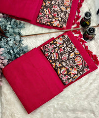 Premium Handloom Cotton Saree - Cherry red saree with black printed blouse - Cotton Dori