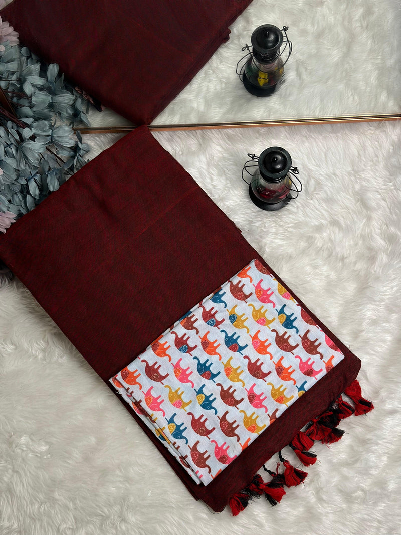 Premium Handloom Cotton Saree - Maroon saree with white elephant printed blouse