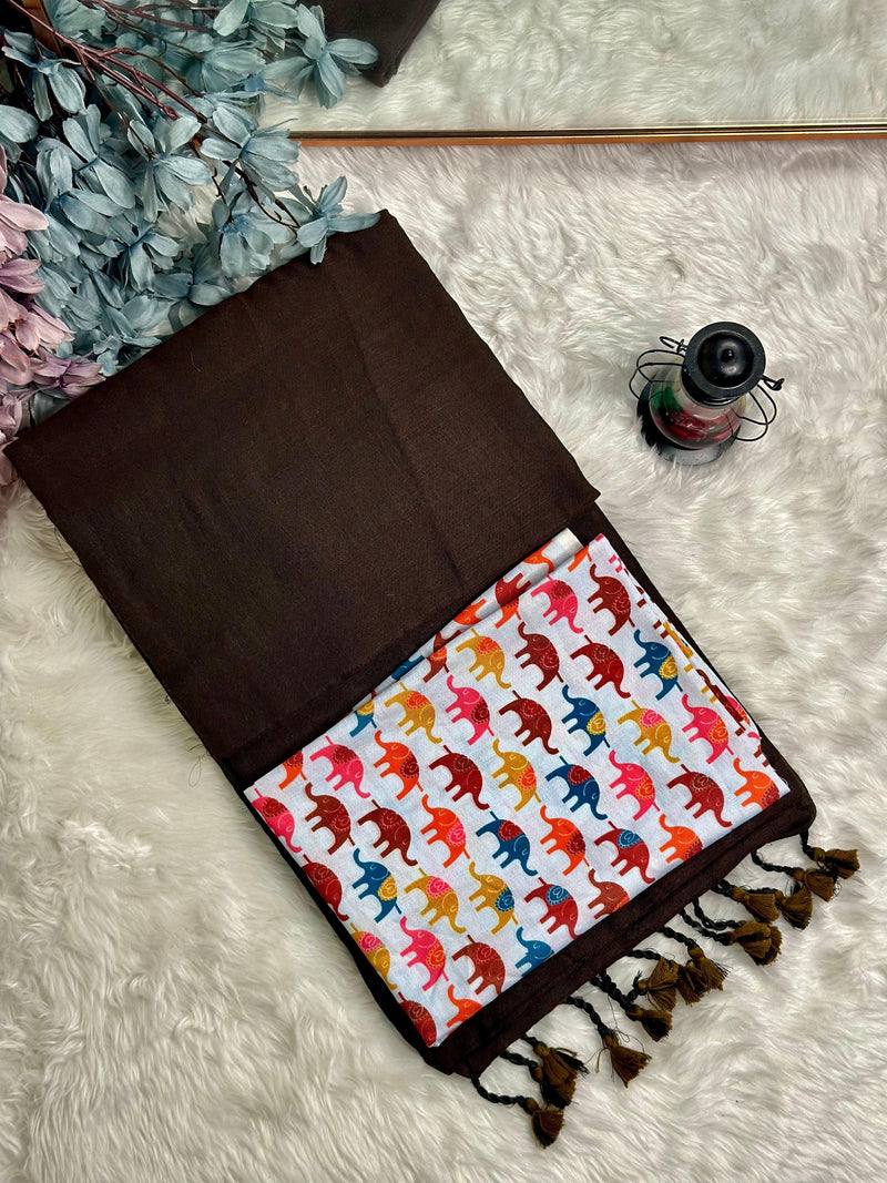 Premium Handloom Cotton Saree - Rich brown saree with elephant printed blouse - Cotton Dori