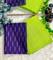 Premium Handloom Cotton Saree - South Indian lime saree with deep purple blouse - Cotton Dori