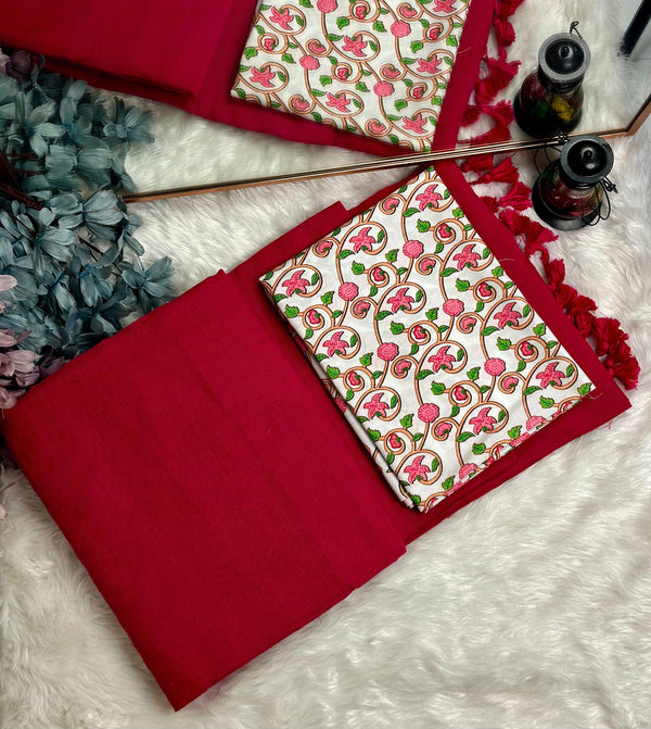 Premium Handloom Cotton Saree - Cotton Red saree with white flower printed blouse - Cotton Dori