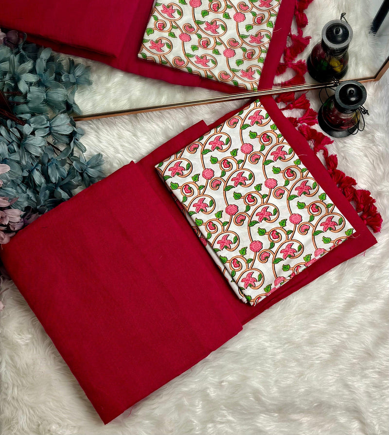 Premium Handloom Cotton Saree - Cotton Red saree with white flower printed blouse - Cotton Dori