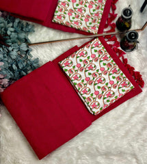 Premium Handloom Cotton Saree - Cotton Red saree with white flower printed blouse - Cotton Dori