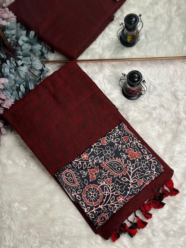 Premium Handloom Cotton Saree - Royal Maroon saree with black flower printed blouse - Cotton Dori