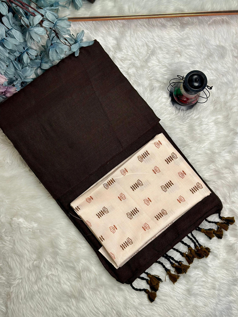 Premium Handloom Cotton Saree - Coffee brown saree with cream blouse - Cotton Dori