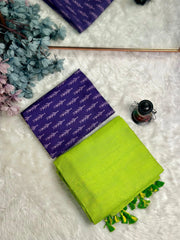 Premium Handloom Cotton Saree - South Indian lime saree with deep purple blouse - Cotton Dori
