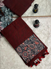 Premium Handloom Cotton Saree - Royal Maroon saree with black flower printed blouse - Cotton Dori